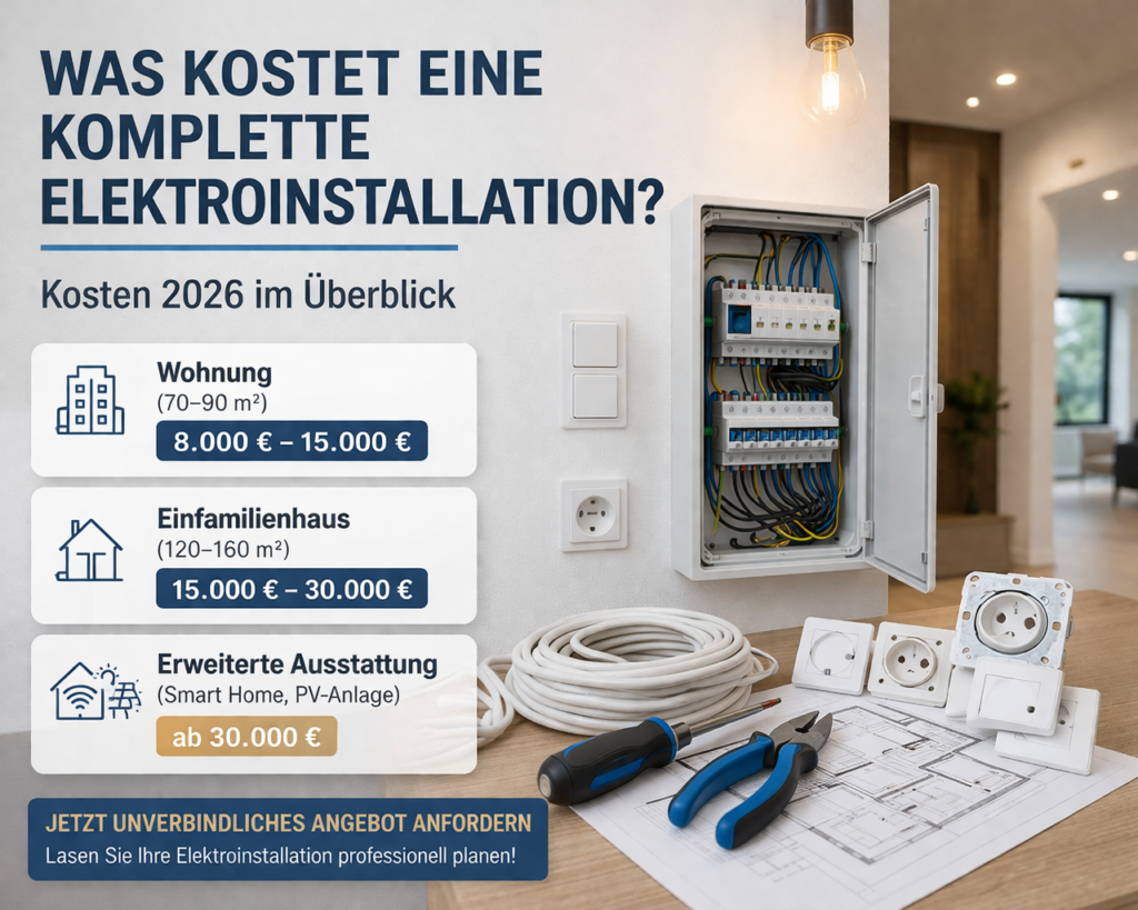 Was kostet eine komplette Elektroinstallation – Kostenübersicht 2026 mit Verteilerkasten und Elektrokomponenten